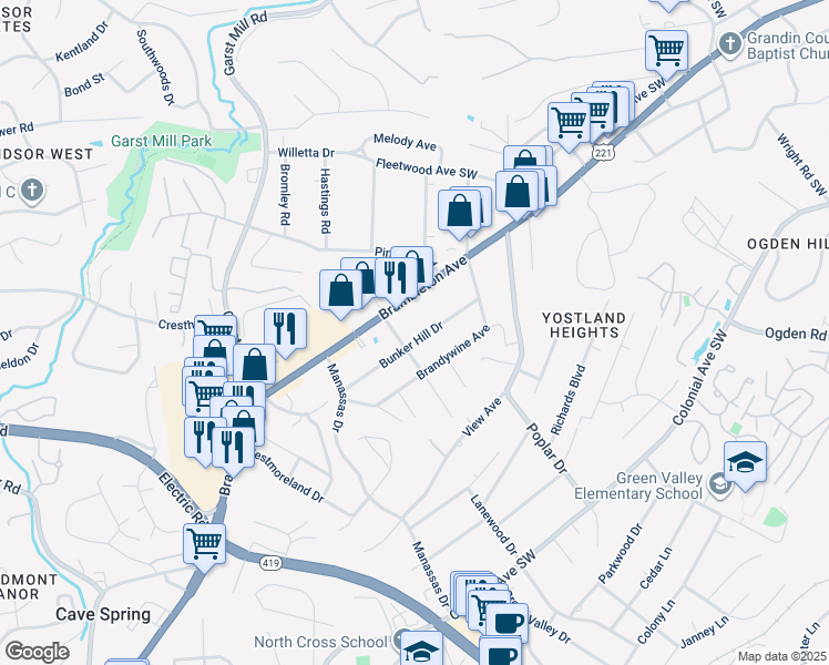 map of restaurants, bars, coffee shops, grocery stores, and more near 3525 Bunker Hill Drive in Cave Spring