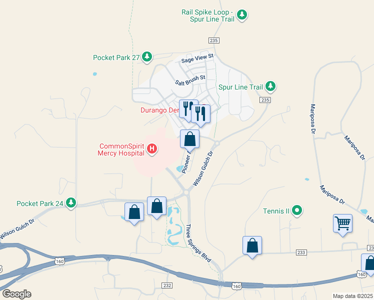 map of restaurants, bars, coffee shops, grocery stores, and more near 176 Pioneer Avenue in Durango