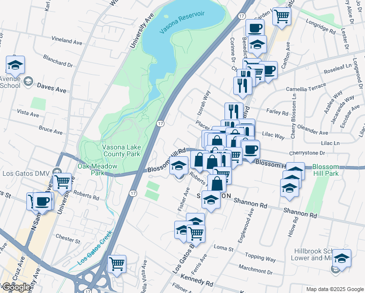 map of restaurants, bars, coffee shops, grocery stores, and more near 620 Blossom Hill Road in Los Gatos