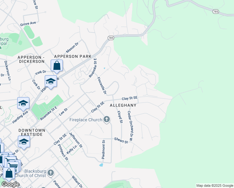 map of restaurants, bars, coffee shops, grocery stores, and more near 402 Ridgeview Drive in Blacksburg