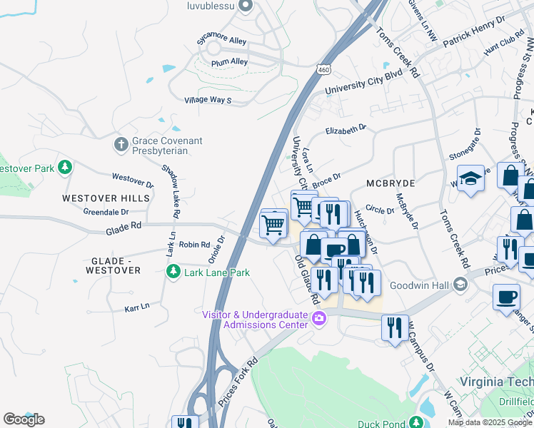 map of restaurants, bars, coffee shops, grocery stores, and more near 862 Newport Terrace in Blacksburg