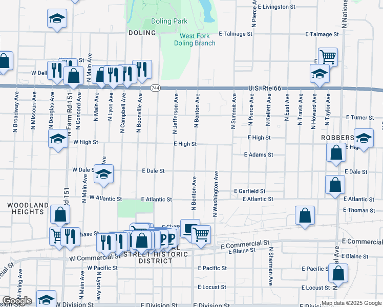 map of restaurants, bars, coffee shops, grocery stores, and more near 2139 North Benton Avenue in Springfield