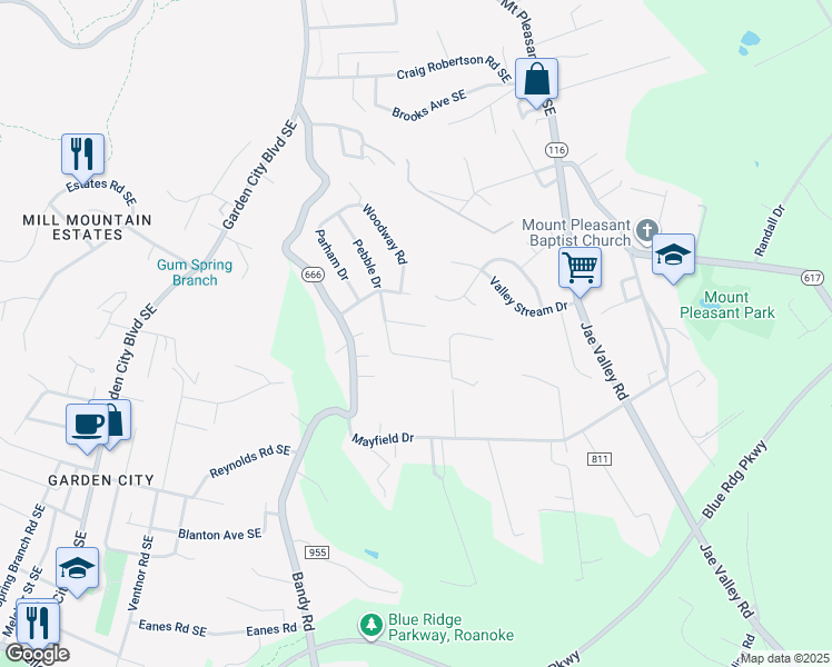 map of restaurants, bars, coffee shops, grocery stores, and more near 1429 Freeborn Circle in Roanoke