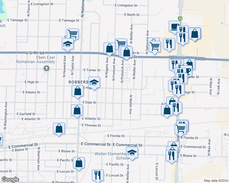 map of restaurants, bars, coffee shops, grocery stores, and more near 2144 North Fremont Avenue in Springfield