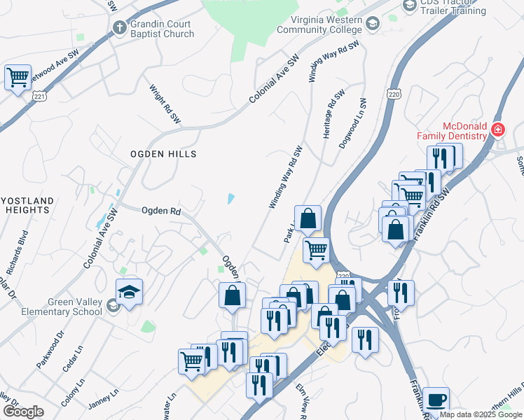 map of restaurants, bars, coffee shops, grocery stores, and more near 3925 Winding Way Road Southwest in Roanoke