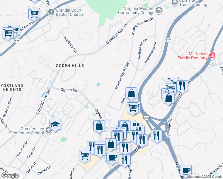 map of restaurants, bars, coffee shops, grocery stores, and more near 3925 Winding Way Road Southwest in Roanoke