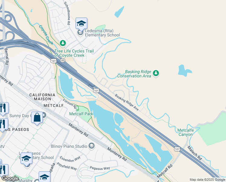 map of restaurants, bars, coffee shops, grocery stores, and more near 7132 Basking Ridge Avenue in San Jose