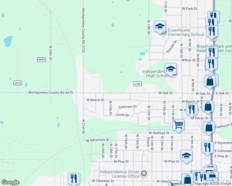 map of restaurants, bars, coffee shops, grocery stores, and more near 999 West Oak Street in Independence