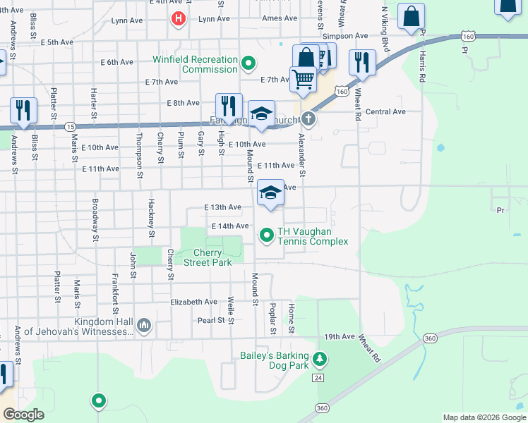 map of restaurants, bars, coffee shops, grocery stores, and more near 1400 Mound Street in Winfield