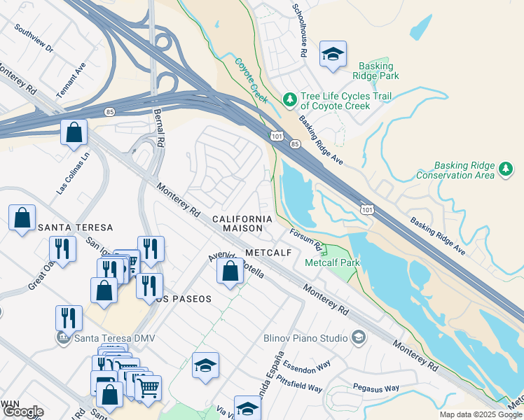 map of restaurants, bars, coffee shops, grocery stores, and more near 6958 Gregorich Drive in San Jose