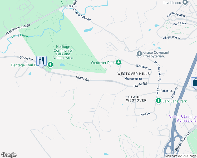 map of restaurants, bars, coffee shops, grocery stores, and more near 1802 Glade Road in Blacksburg