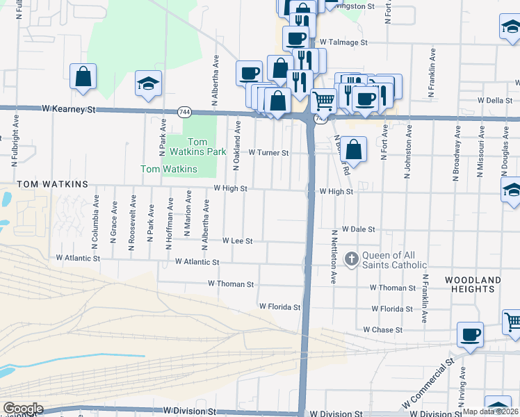 map of restaurants, bars, coffee shops, grocery stores, and more near 2106 North Oakland Avenue in Springfield