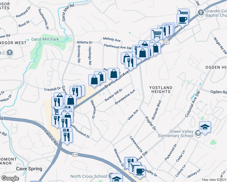 map of restaurants, bars, coffee shops, grocery stores, and more near 3525 Bunker Hill Drive in Cave Spring