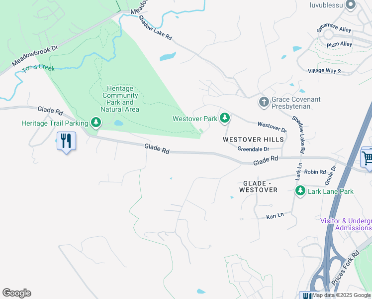 map of restaurants, bars, coffee shops, grocery stores, and more near 1802 Glade Road in Blacksburg