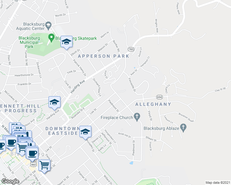 map of restaurants, bars, coffee shops, grocery stores, and more near 200 Alleghany Street in Blacksburg