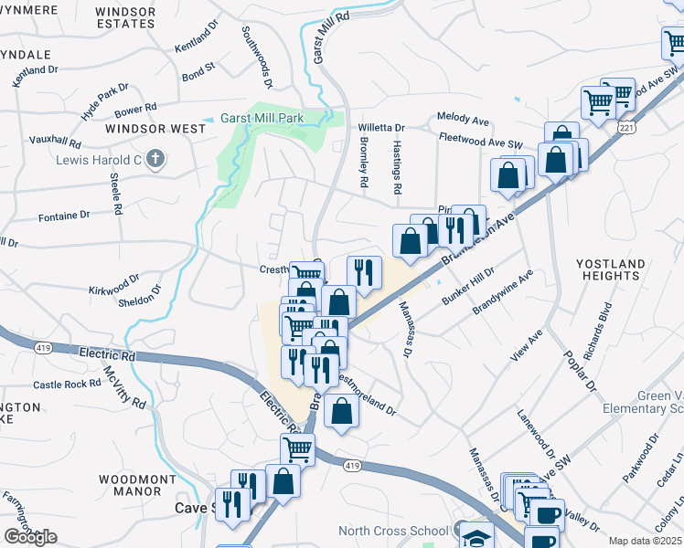 map of restaurants, bars, coffee shops, grocery stores, and more near 4662 Mill View Court in Roanoke