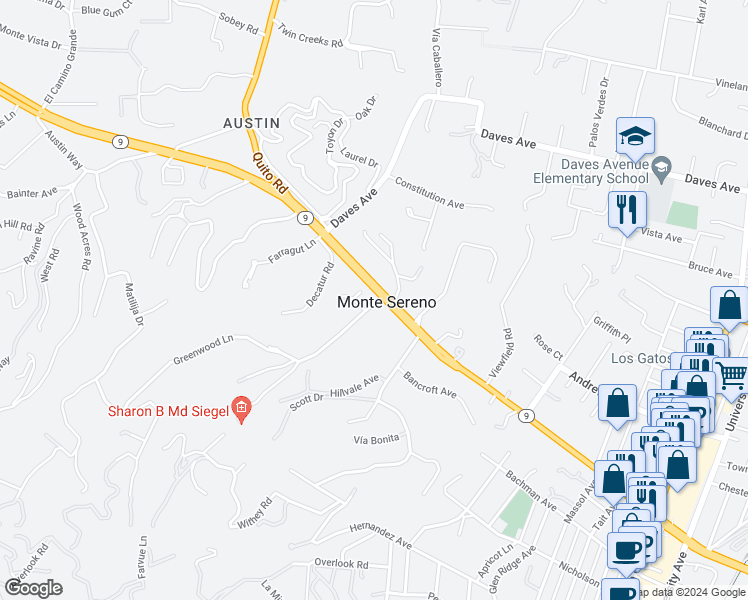 map of restaurants, bars, coffee shops, grocery stores, and more near 15965 Greenwood Road in Los Gatos