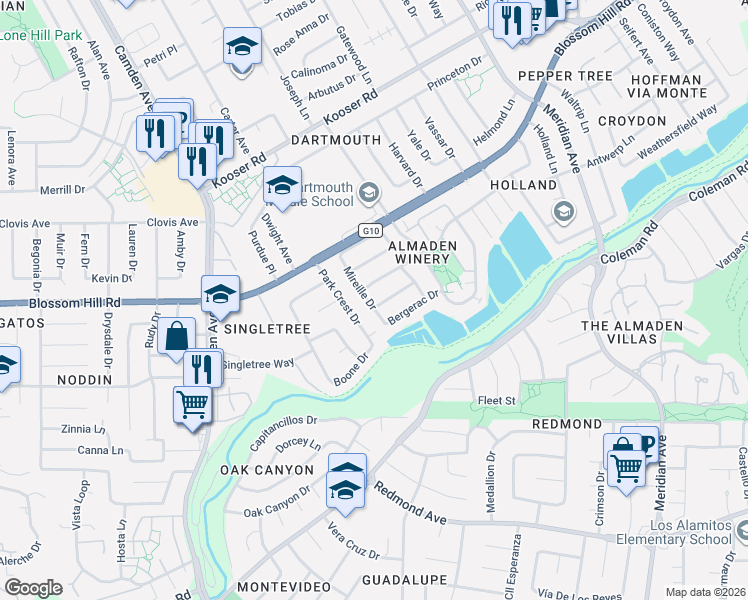 map of restaurants, bars, coffee shops, grocery stores, and more near 1550 Chaumont Drive in San Jose