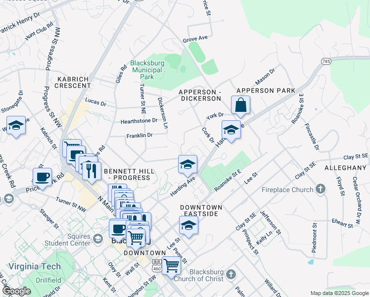 map of restaurants, bars, coffee shops, grocery stores, and more near 319 Apartment Heights Drive in Blacksburg