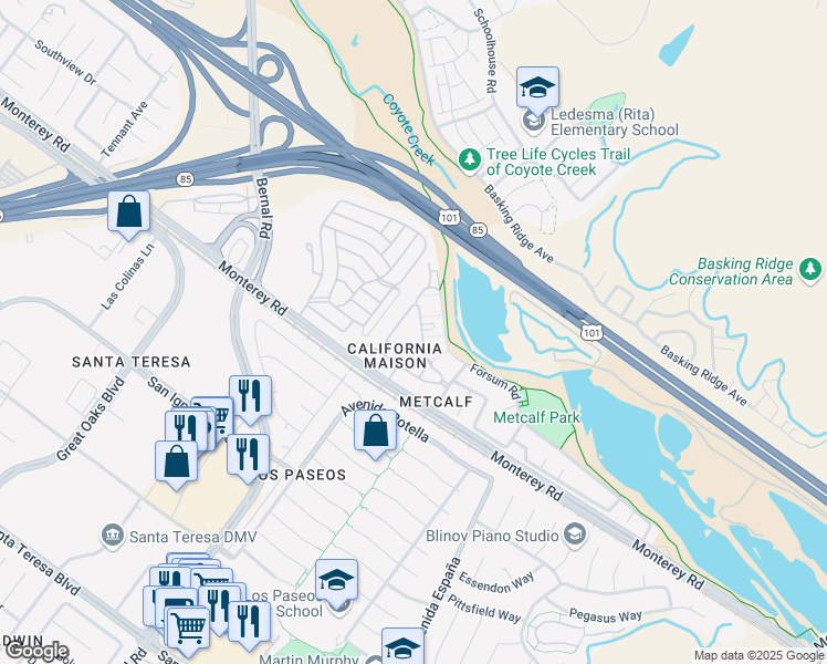 map of restaurants, bars, coffee shops, grocery stores, and more near 6945 Rodling Drive in San Jose