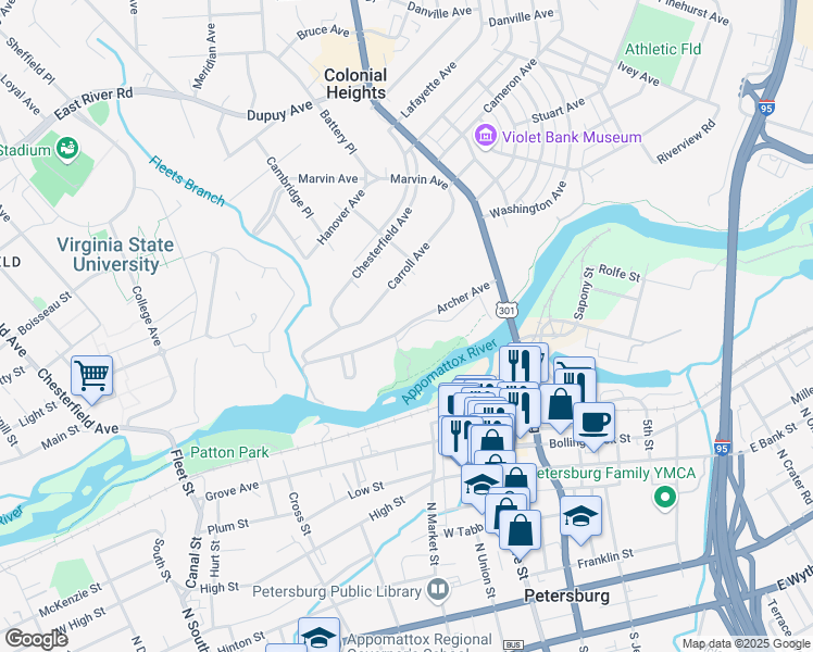map of restaurants, bars, coffee shops, grocery stores, and more near 129 Archer Avenue in Colonial Heights