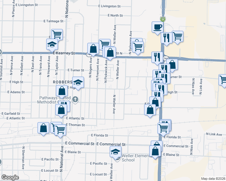 map of restaurants, bars, coffee shops, grocery stores, and more near 2151 North Weller Avenue in Springfield