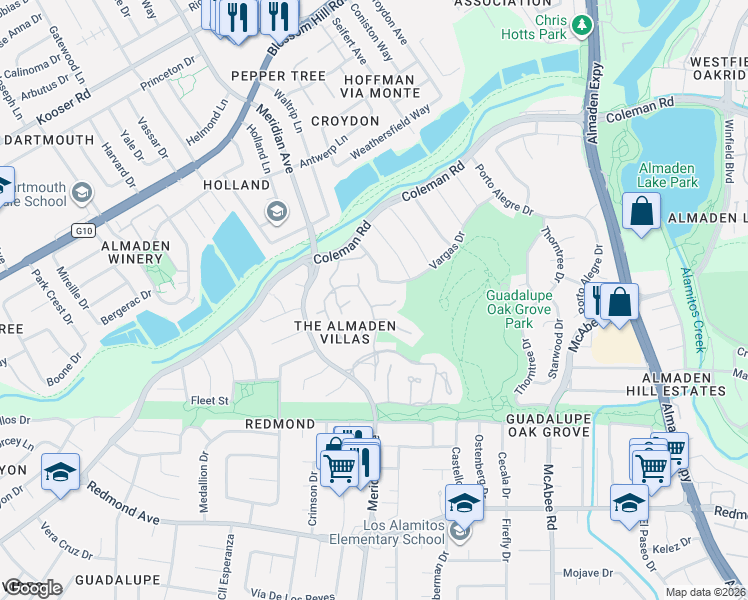 map of restaurants, bars, coffee shops, grocery stores, and more near 5958 Dry Oak Drive in San Jose