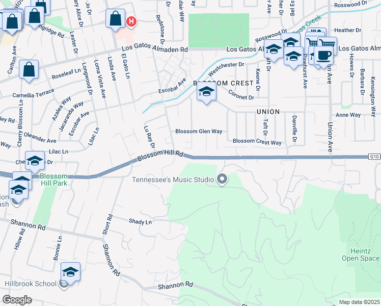 map of restaurants, bars, coffee shops, grocery stores, and more near 129 Dover Street in Los Gatos