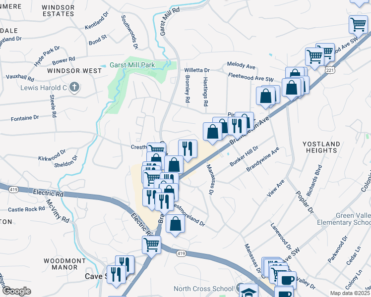 map of restaurants, bars, coffee shops, grocery stores, and more near 4644 Mill View Court in Cave Spring