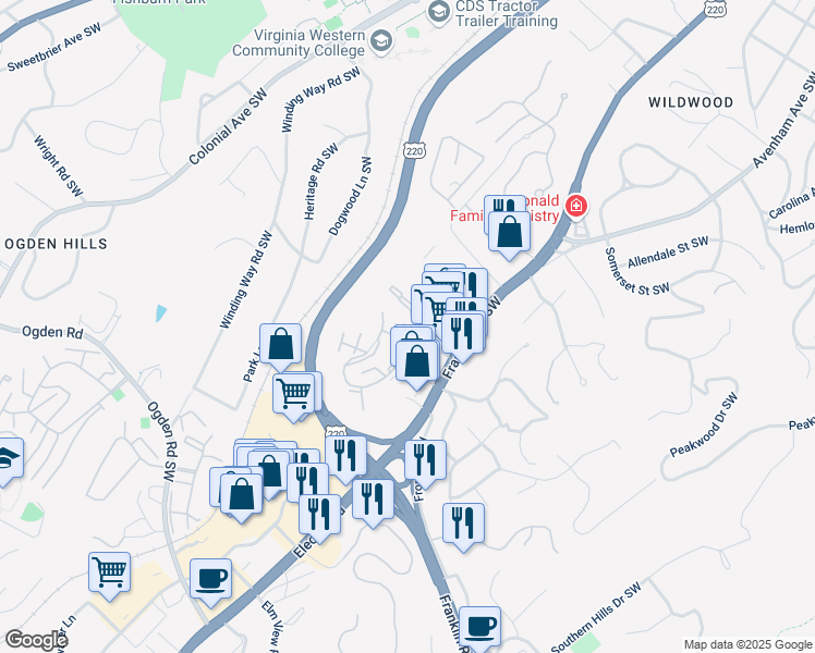 map of restaurants, bars, coffee shops, grocery stores, and more near 3715 Parliament Road Southwest in Roanoke