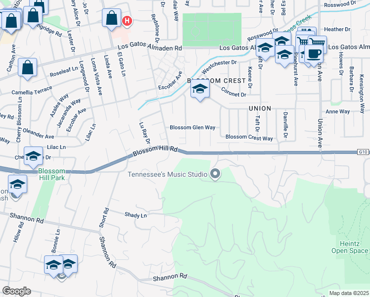 map of restaurants, bars, coffee shops, grocery stores, and more near 129 Dover Street in Los Gatos