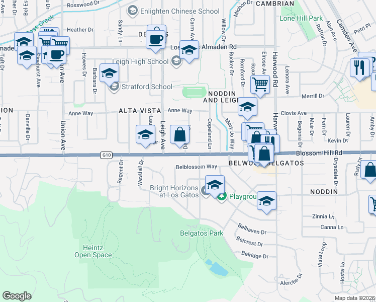map of restaurants, bars, coffee shops, grocery stores, and more near 14450 Blossom Hill Road in Los Gatos