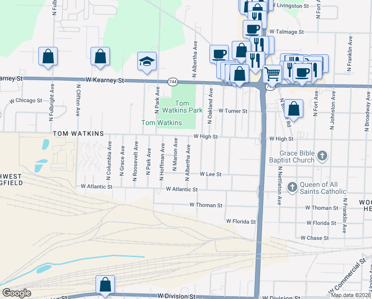 map of restaurants, bars, coffee shops, grocery stores, and more near 2101 North Albertha Avenue in Springfield