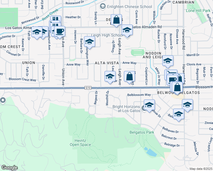 map of restaurants, bars, coffee shops, grocery stores, and more near 1893 Blossom Hill Road in San Jose