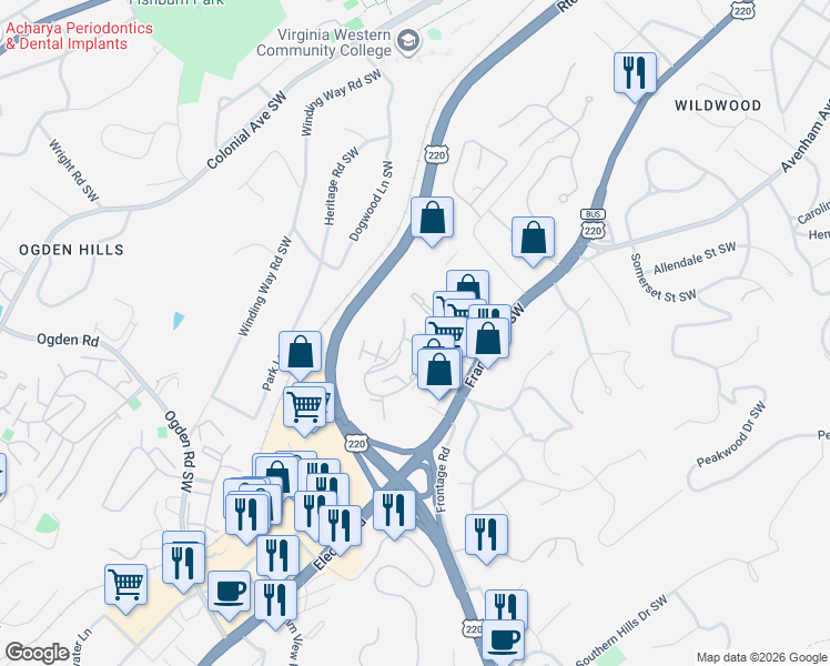 map of restaurants, bars, coffee shops, grocery stores, and more near 717 Sterling Road Southwest in Roanoke
