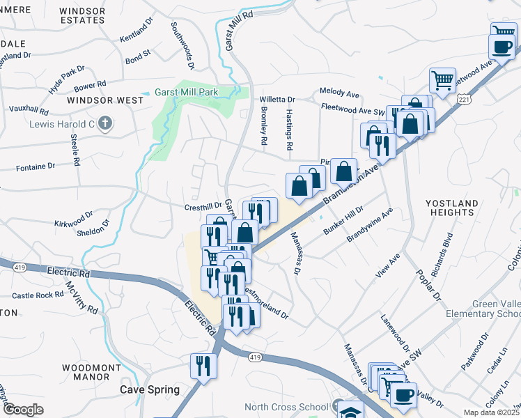 map of restaurants, bars, coffee shops, grocery stores, and more near 4644 Mill View Court in Cave Spring