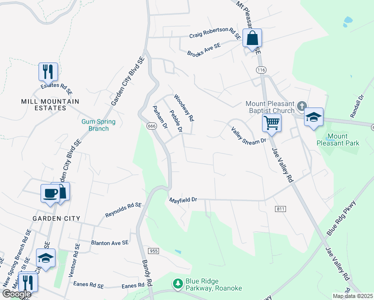 map of restaurants, bars, coffee shops, grocery stores, and more near 1405 Freeborn Circle in Roanoke