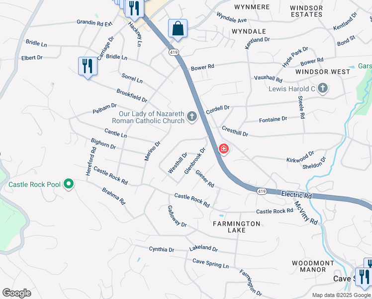 map of restaurants, bars, coffee shops, grocery stores, and more near 4817 Westhill Drive in Roanoke