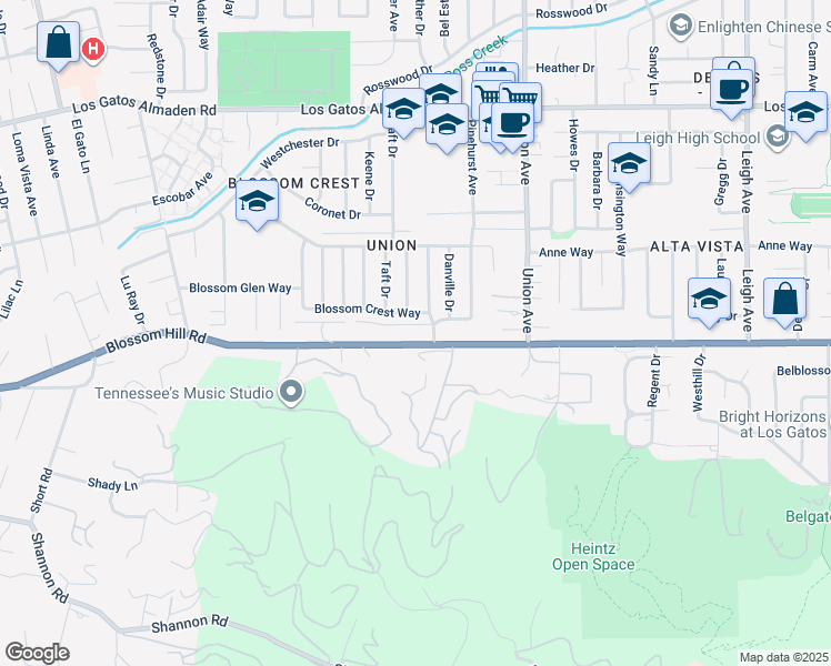 map of restaurants, bars, coffee shops, grocery stores, and more near 2114 Nimrick Lane in San Jose