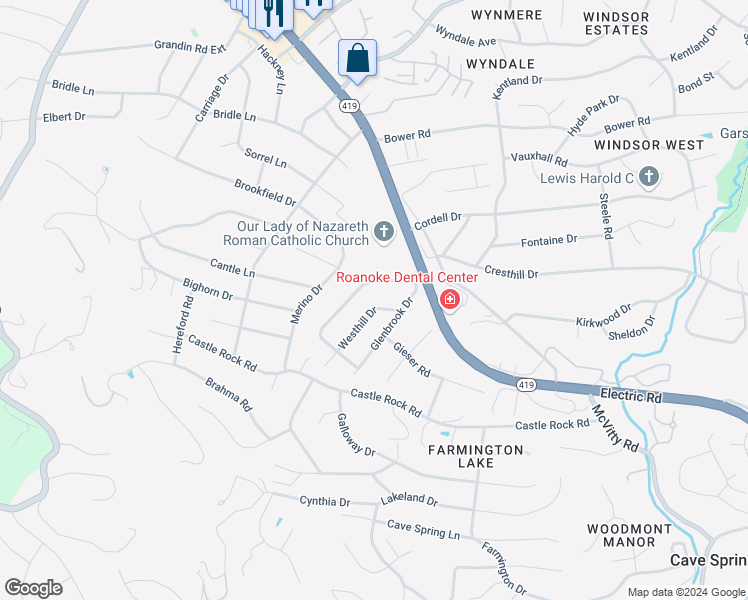 map of restaurants, bars, coffee shops, grocery stores, and more near 4817 Westhill Drive in Roanoke