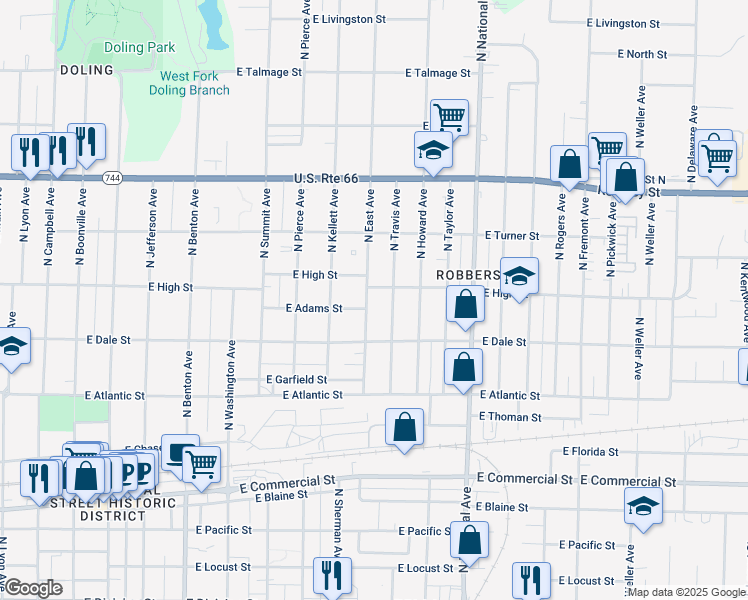 map of restaurants, bars, coffee shops, grocery stores, and more near 2128 North East Avenue in Springfield