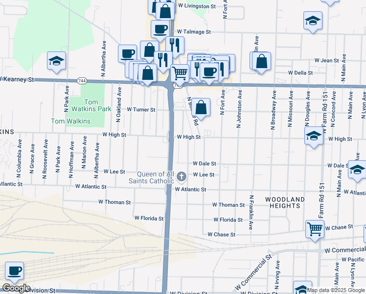 map of restaurants, bars, coffee shops, grocery stores, and more near 2114 North Kansas Expressway in Springfield