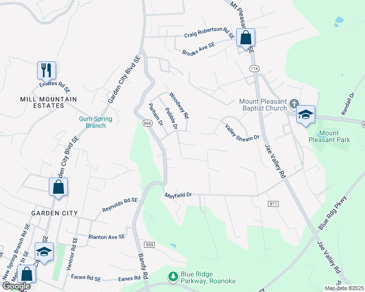map of restaurants, bars, coffee shops, grocery stores, and more near 1405 Freeborn Circle in Roanoke