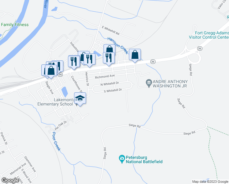 map of restaurants, bars, coffee shops, grocery stores, and more near 2140 South Whitehill Drive in Petersburg