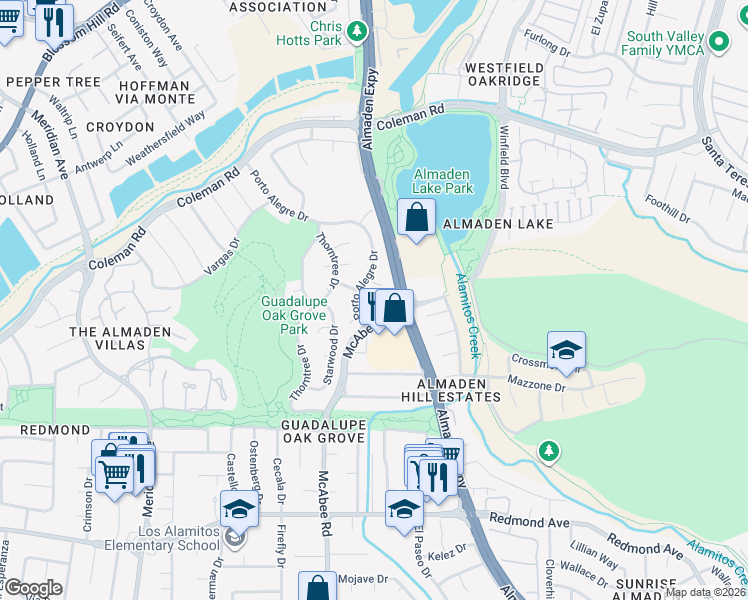 map of restaurants, bars, coffee shops, grocery stores, and more near 1132 Calle Almaden in San Jose