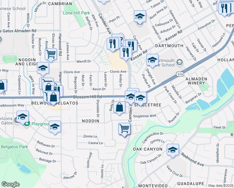 map of restaurants, bars, coffee shops, grocery stores, and more near 5609 Arbor Dell Way in San Jose