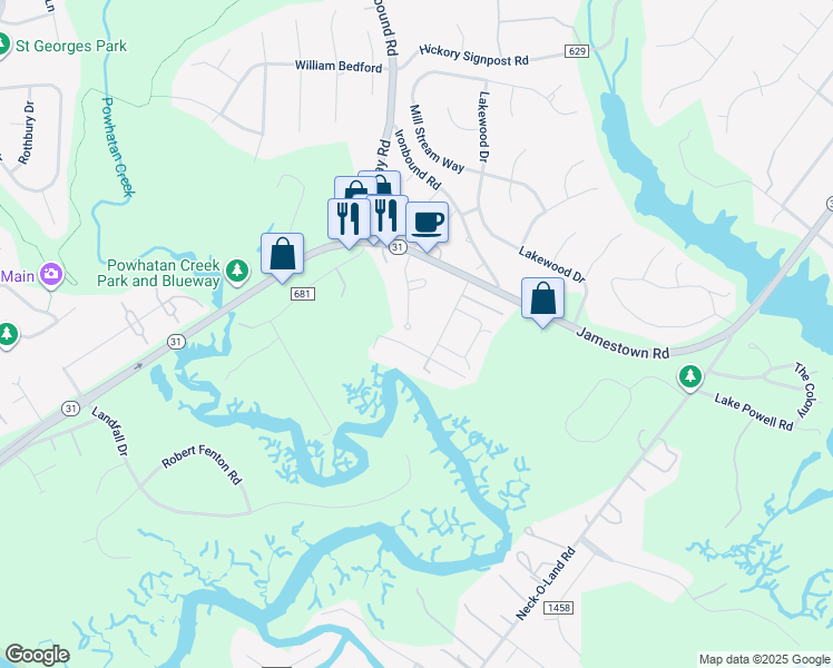 map of restaurants, bars, coffee shops, grocery stores, and more near 2737 Holly Ridge Lane in Williamsburg