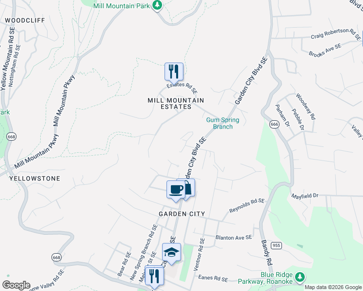 map of restaurants, bars, coffee shops, grocery stores, and more near 3121 Trent Road Southeast in Roanoke