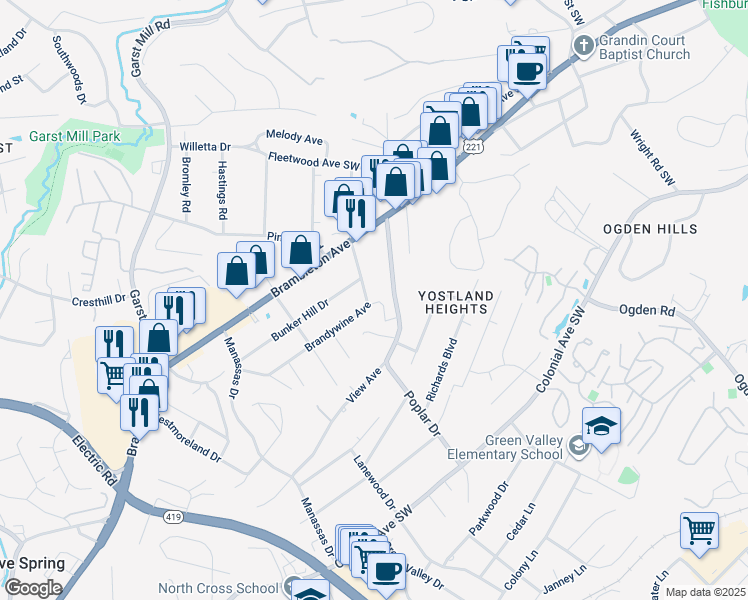 map of restaurants, bars, coffee shops, grocery stores, and more near 3402 Brandywine Avenue in Cave Spring