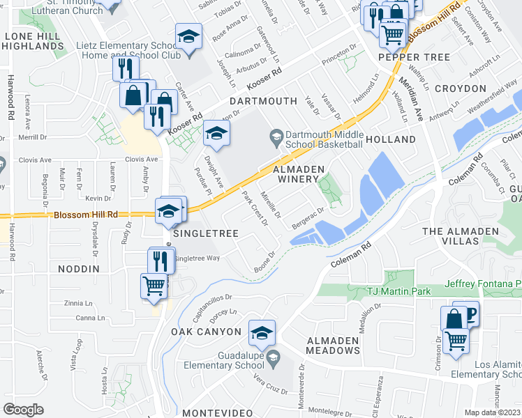 map of restaurants, bars, coffee shops, grocery stores, and more near 5646 Park Crest Drive in San Jose
